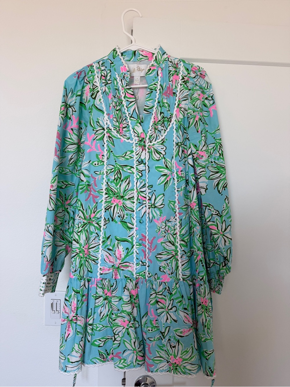 Lilly Pulitzer Aqua Floral Long-Sleeve Ruffle Dress